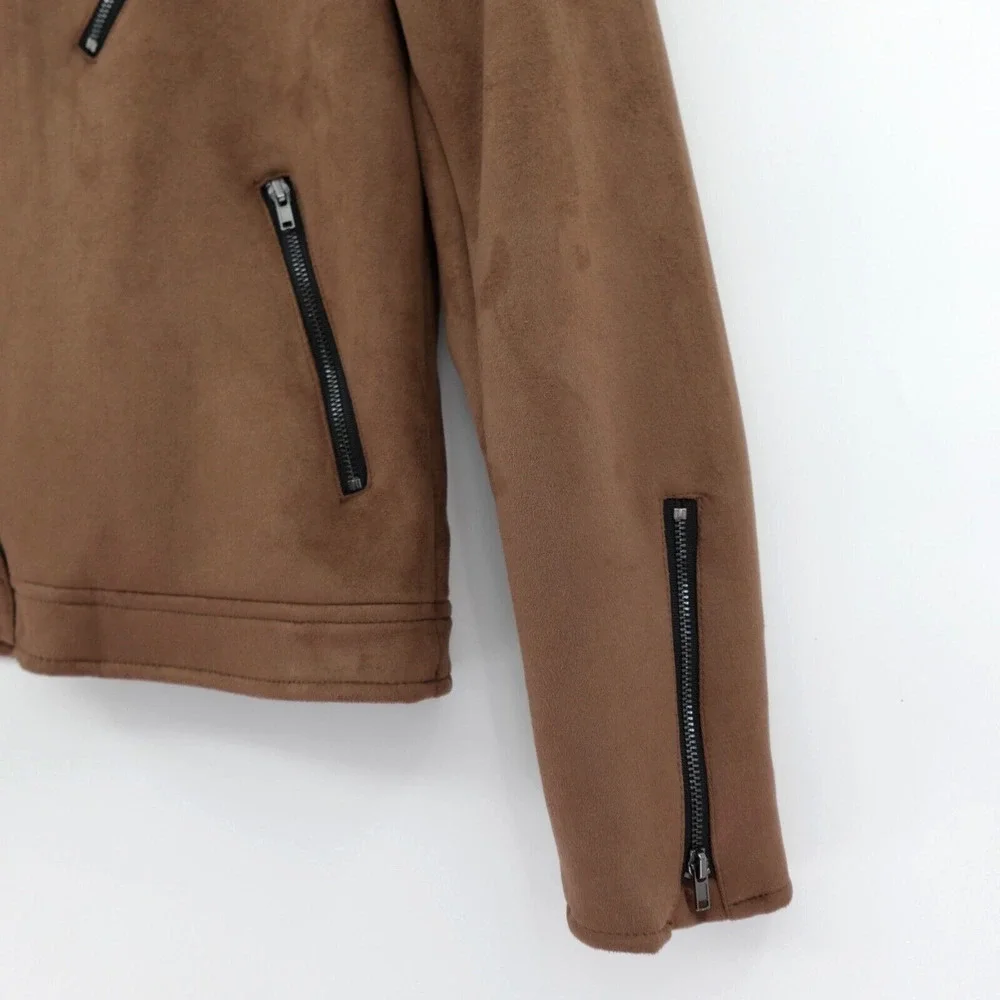 Girls Biker Jacket Medium 11‎ yrs Brown Vegan Suede Motorcycle Retro 80s